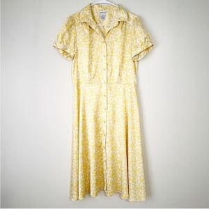 Vintage JG Hook Yellow Pattern Button Front Butter Feminine Flirty Yellow Dress